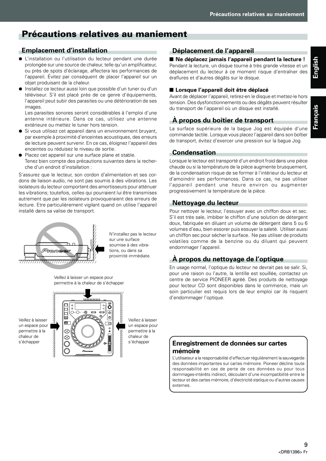 Pioneer CDJ-1000MK3 manual Précautions relatives au maniement 