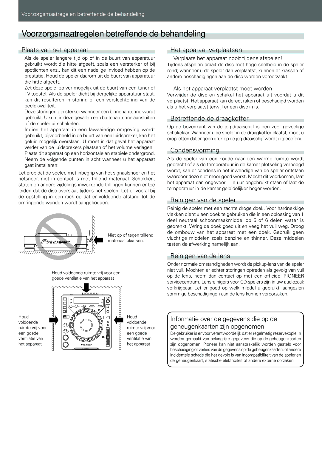 Pioneer CDJ-1000MK3 manual Voorzorgsmaatregelen betreffende de behandeling 