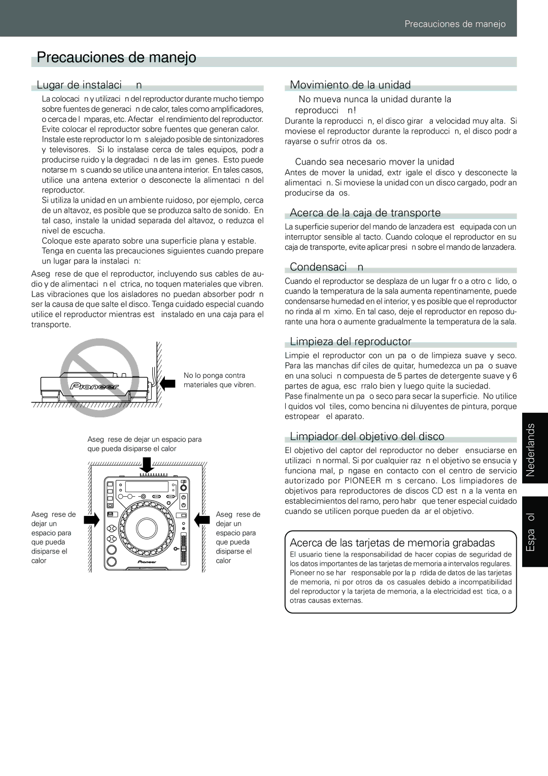 Pioneer CDJ-1000MK3 manual Precauciones de manejo 