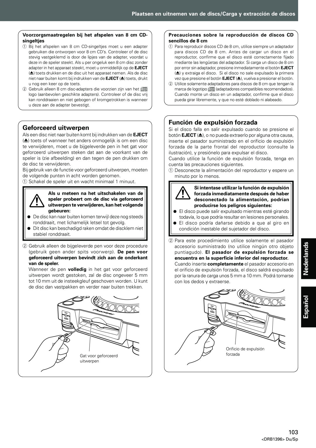 Pioneer CDJ-1000MK3 manual Geforceerd uitwerpen, Función de expulsión forzada, Español 