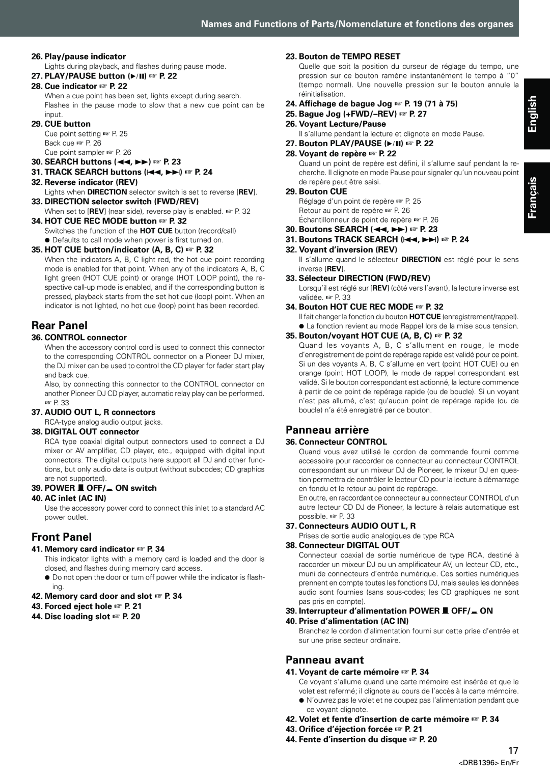Pioneer CDJ-1000MK3 manual Rear Panel, Front Panel, Panneau arrière, Panneau avant, English Français 