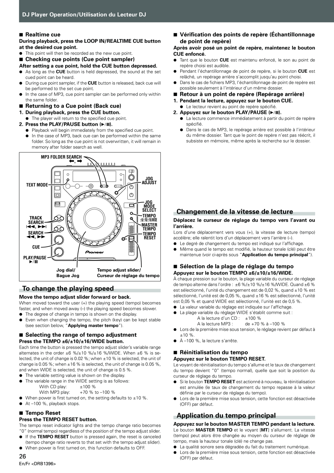 Pioneer CDJ-1000MK3 manual To change the playing speed, Changement de la vitesse de lecture, Application du tempo principal 