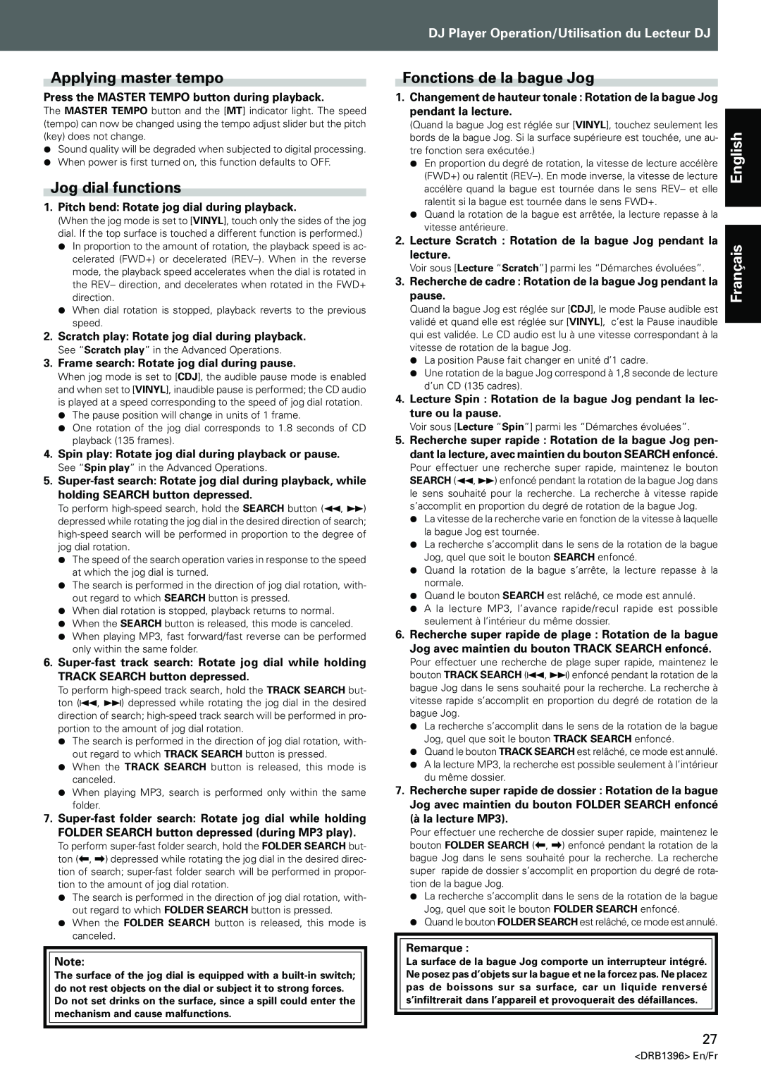 Pioneer CDJ-1000MK3 manual Applying master tempo, Jog dial functions, Fonctions de la bague Jog, Français 