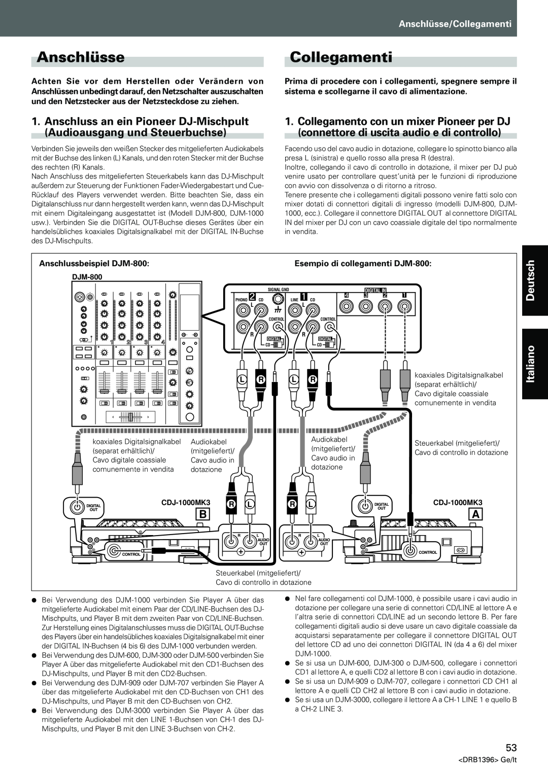 Pioneer CDJ-1000MK3 manual AnschlüsseCollegamenti, Anschlüsse/Collegamenti, Deutsch Italiano 