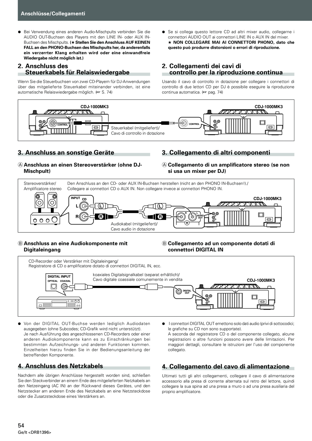 Pioneer CDJ-1000MK3 Anschluss des Steuerkabels für Relaiswiedergabe, Collegamenti dei cavi di, Anschluss des Netzkabels 