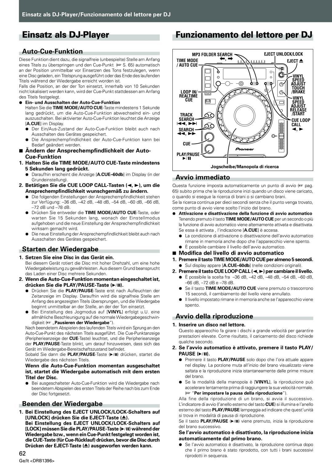 Pioneer CDJ-1000MK3 Einsatz als DJ-Player, Funzionamento del lettore per DJ, Auto-Cue-Funktion, Starten der Wiedergabe 