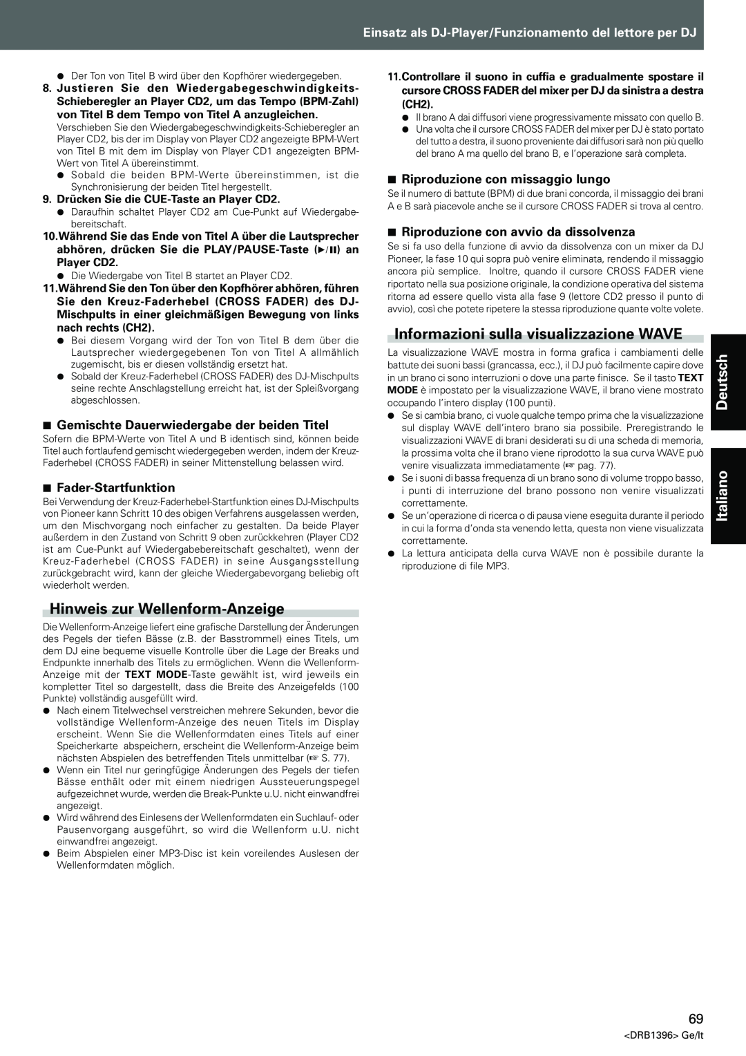 Pioneer CDJ-1000MK3 manual Hinweis zur Wellenform-Anzeige, Informazioni sulla visualizzazione WAVE, 7Fader-Startfunktion 