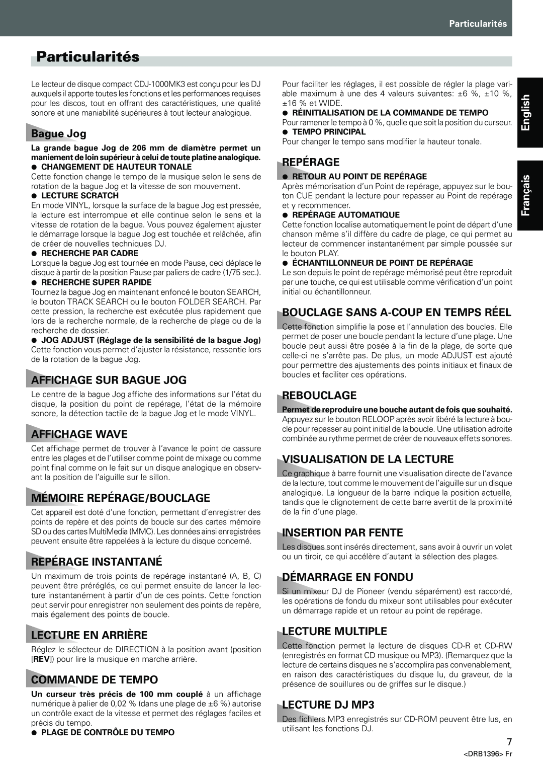 Pioneer CDJ-1000MK3 Particularités, Affichage Sur Bague Jog, Affichage Wave, Mémoire Repérage/Bouclage, Rebouclage 