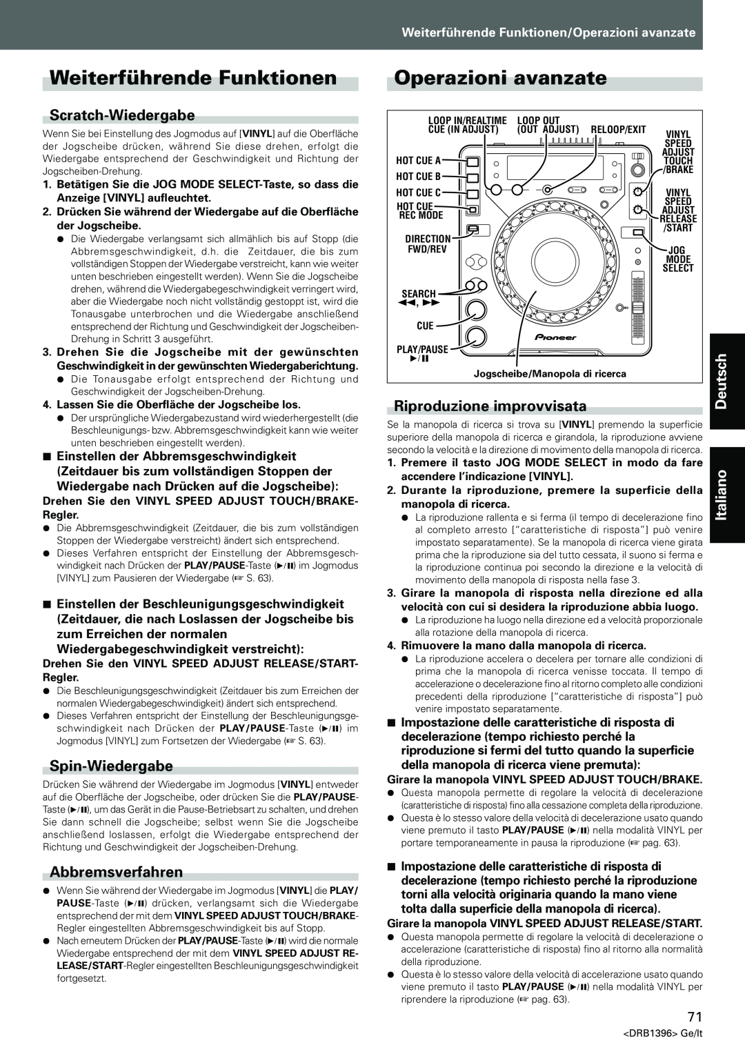 Pioneer CDJ-1000MK3 Weiterführende Funktionen, Operazioni avanzate, Scratch-Wiedergabe, Spin-Wiedergabe, Abbremsverfahren 