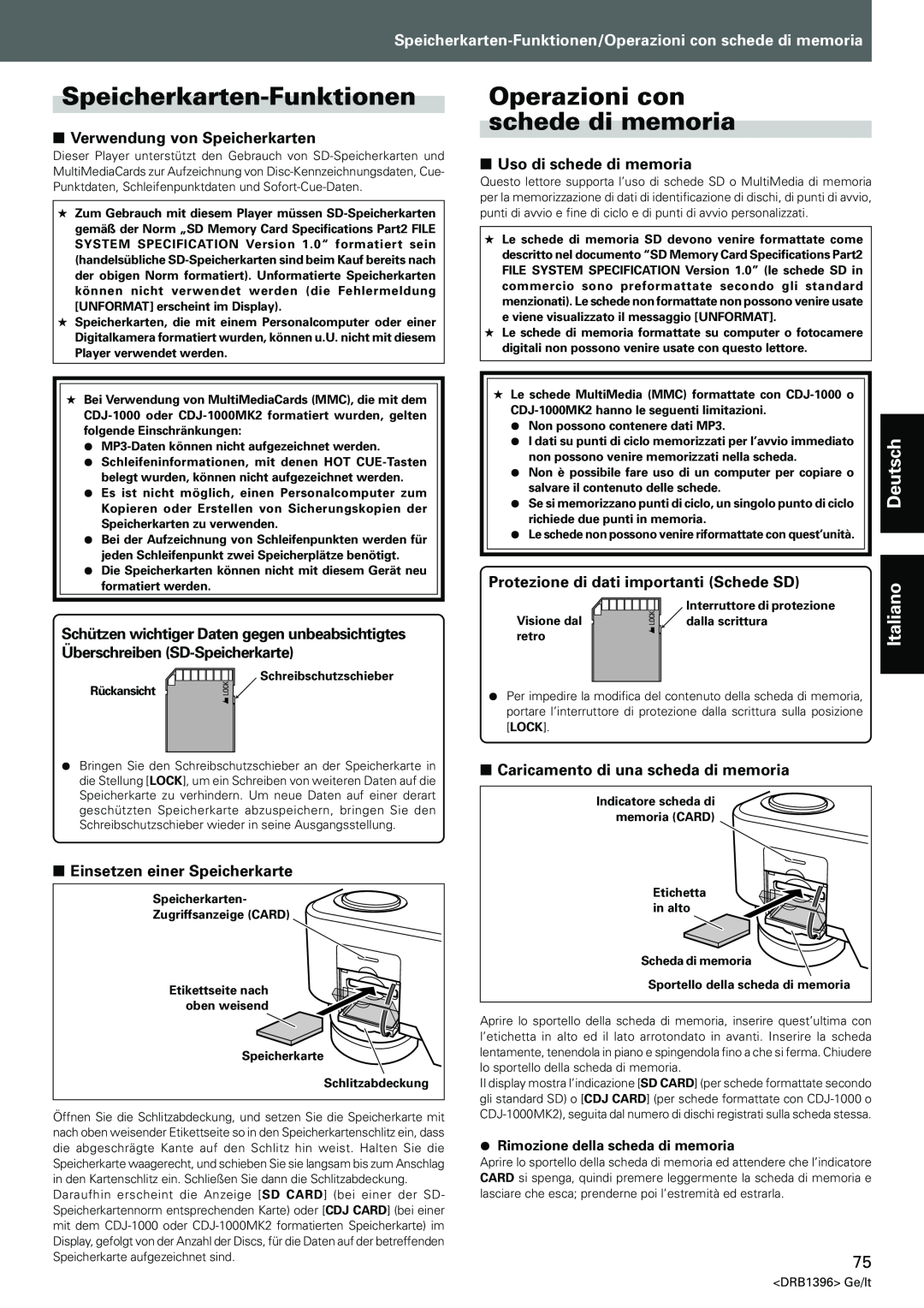 Pioneer CDJ-1000MK3 Speicherkarten-Funktionen, Operazioni con schede di memoria, Verwendung von Speicherkarten, Italiano 