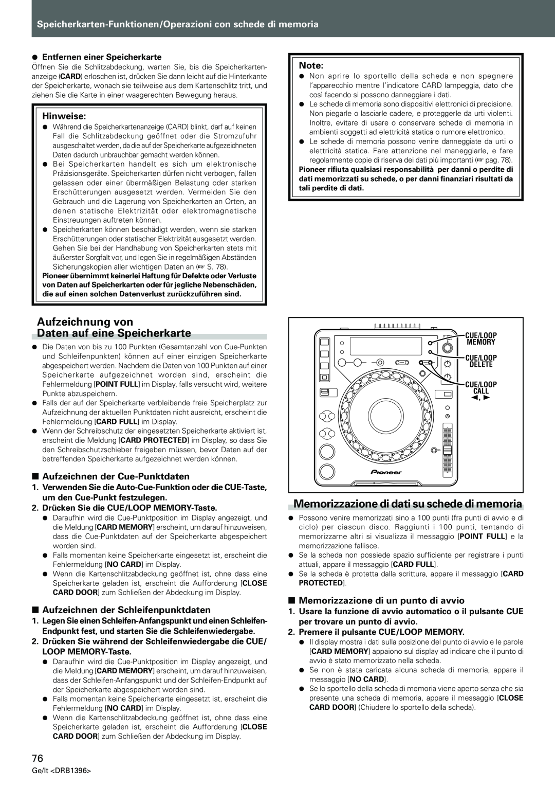 Pioneer CDJ-1000MK3 Aufzeichnung von Daten auf eine Speicherkarte, Memorizzazione di dati su schede di memoria, Hinweise 