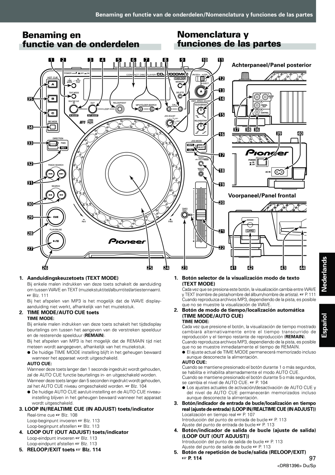 Pioneer CDJ-1000MK3 Benaming en, Nomenclatura y, functie van de onderdelen, funciones de las partes, Nederlands, Español 