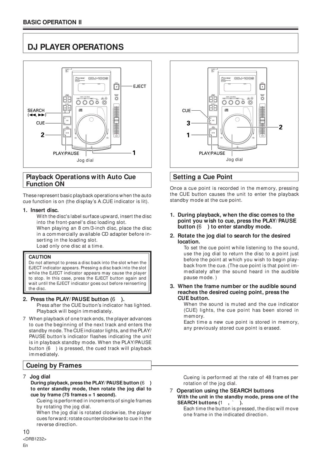 Pioneer CDJ-100S specifications DJ Player Operations, Playback Operations with Auto Cue Function on, Setting a Cue Point 