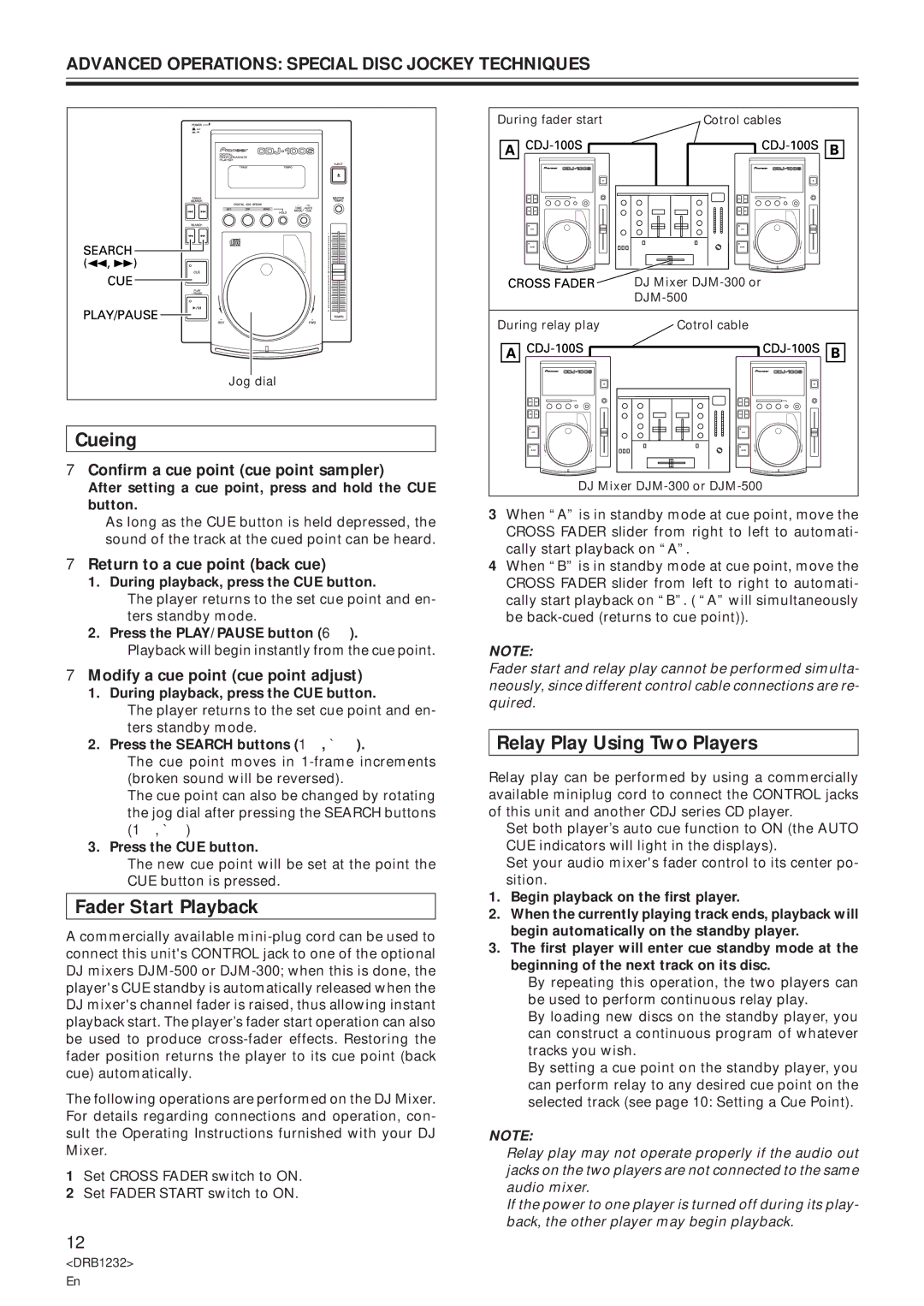 Pioneer CDJ-100S specifications Cueing, Fader Start Playback, Relay Play Using Two Players 