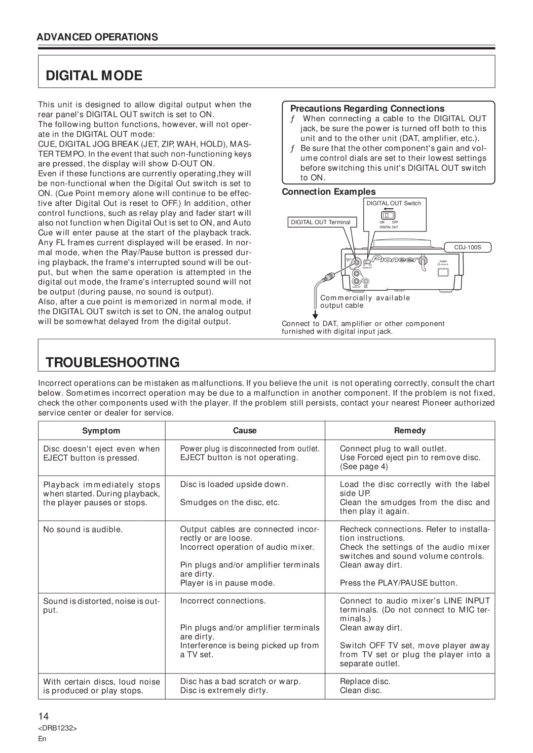 Pioneer CDJ-100S specifications Digital Mode, Troubleshooting, Precautions Regarding Connections, Connection Examples 