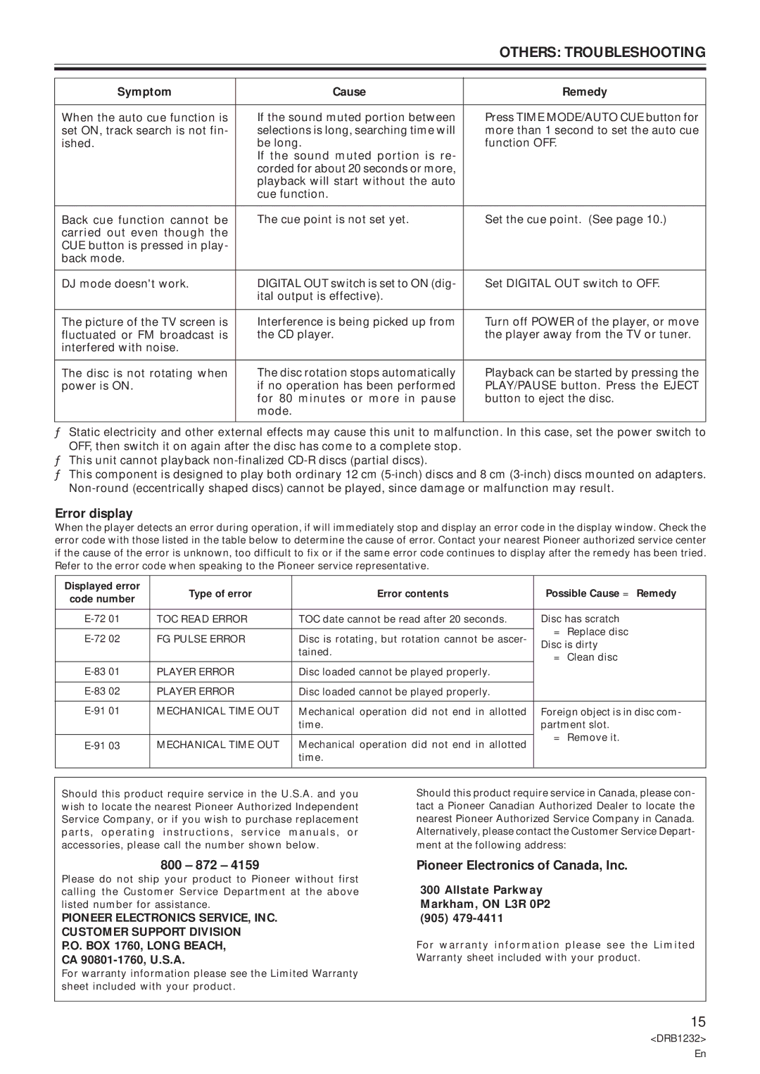 Pioneer CDJ-100S specifications Error display, 800 872 Pioneer Electronics of Canada, Inc 