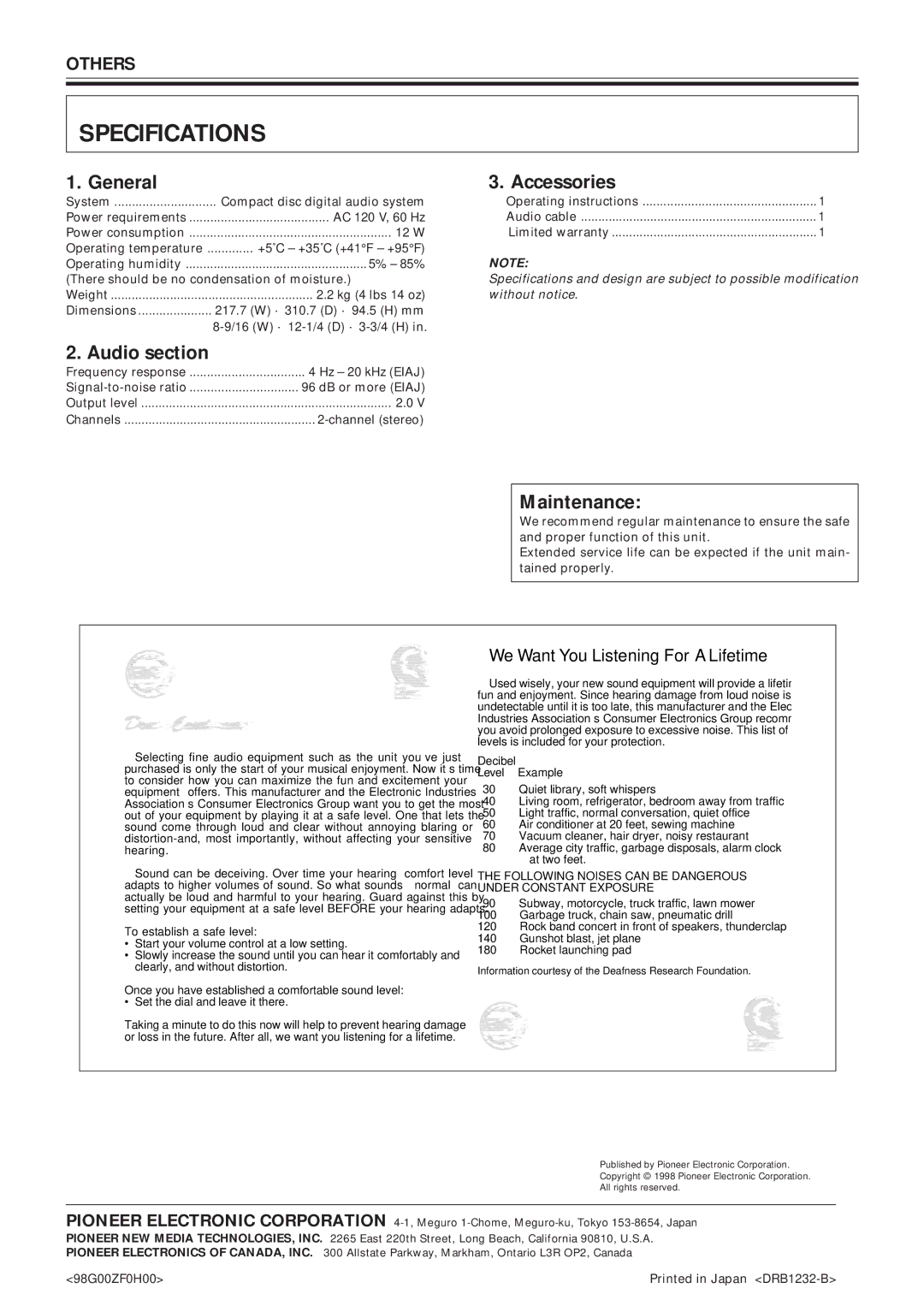 Pioneer CDJ-100S specifications Specifications, General, Accessories, Audio section, Maintenance 