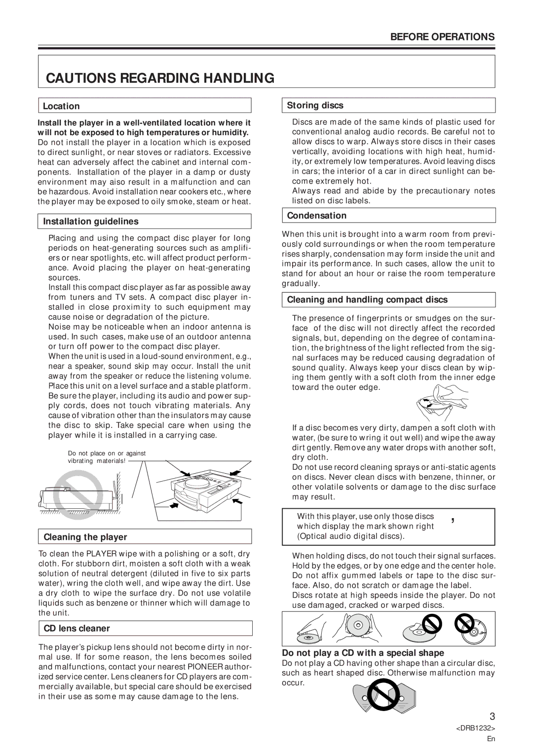 Pioneer CDJ-100S Location Storing discs, Installation guidelines, Cleaning the player, CD lens cleaner, Condensation 