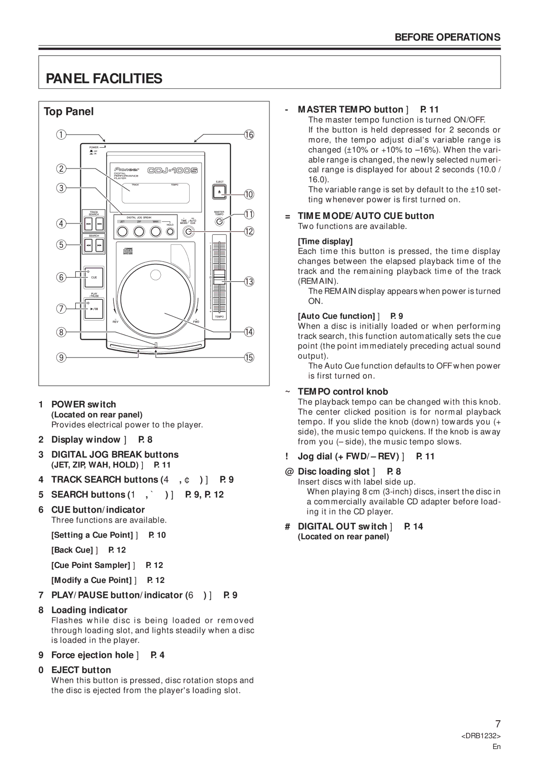 Pioneer CDJ-100S specifications Panel Facilities, Top Panel 