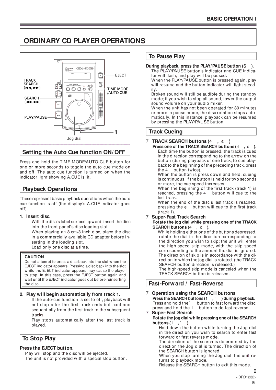 Pioneer CDJ-100S specifications Ordinary CD Player Operations 