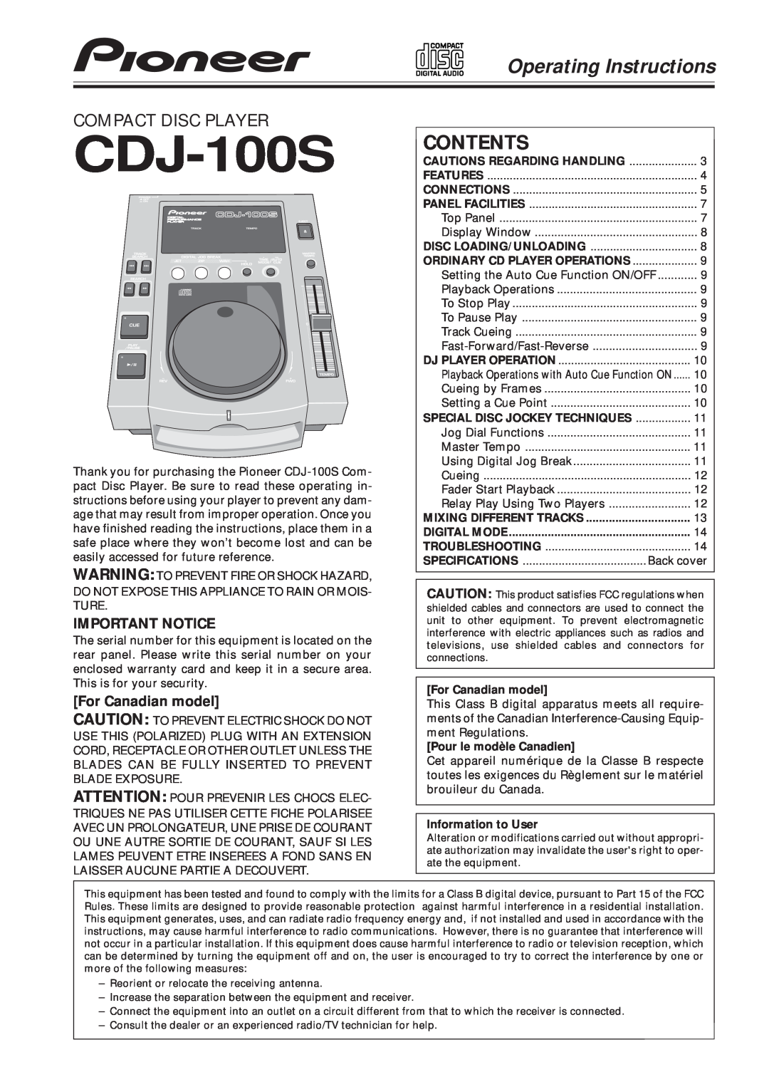 Pioneer CDJ-100S specifications Contents, Compact Disc Player, Operating Instructions, Important Notice 