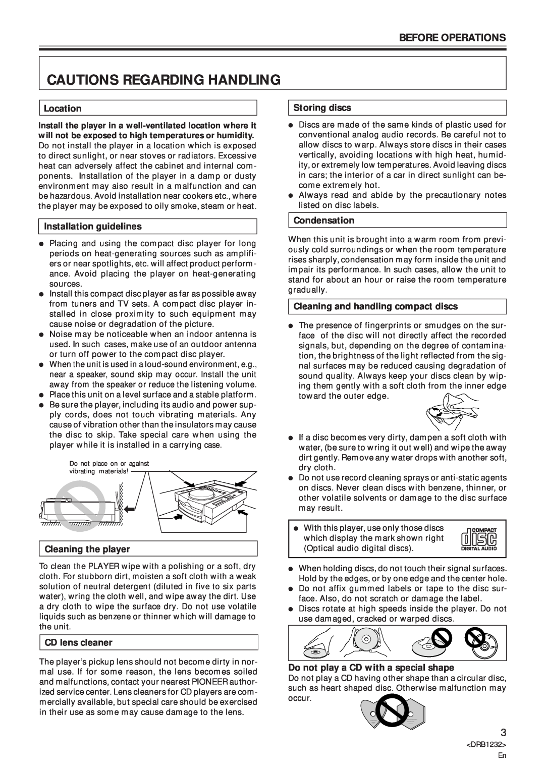 Pioneer CDJ-100S Cautions Regarding Handling, Before Operations, Location, Storing discs, Installation guidelines 