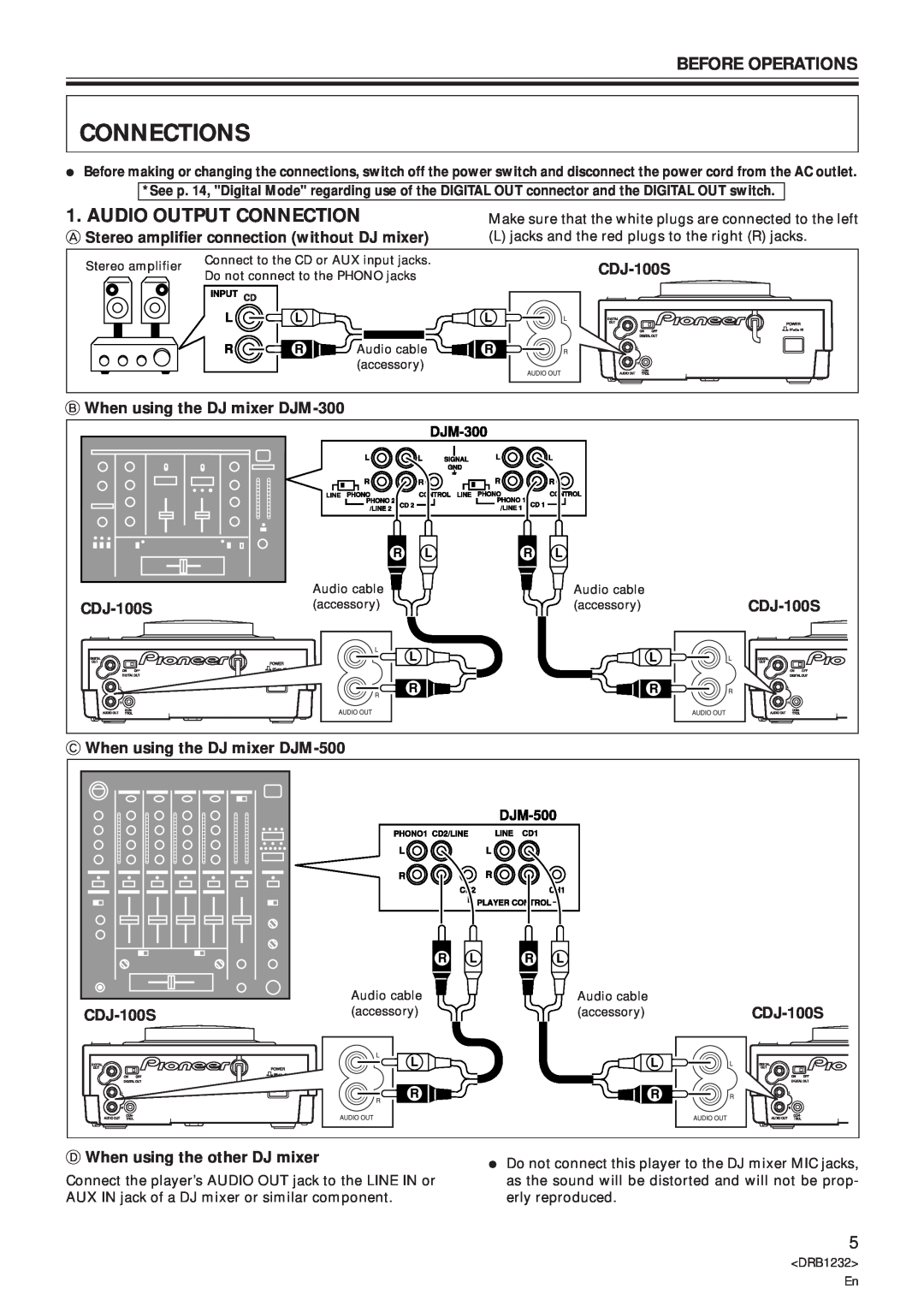 Pioneer CDJ-100S specifications Connections, Before Operations, A Stereo amplifier connection without DJ mixer 
