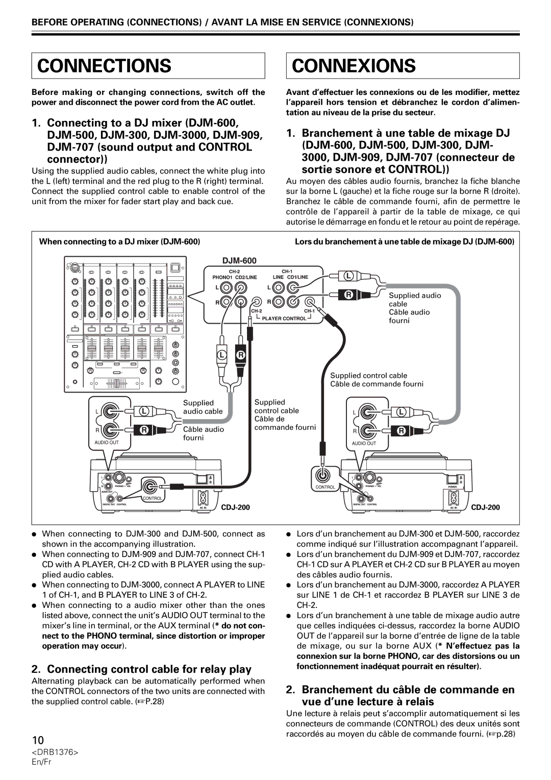 Pioneer CDJ-200 Connections Connexions, Connecting control cable for relay play, When connecting to a DJ mixer DJM-600 