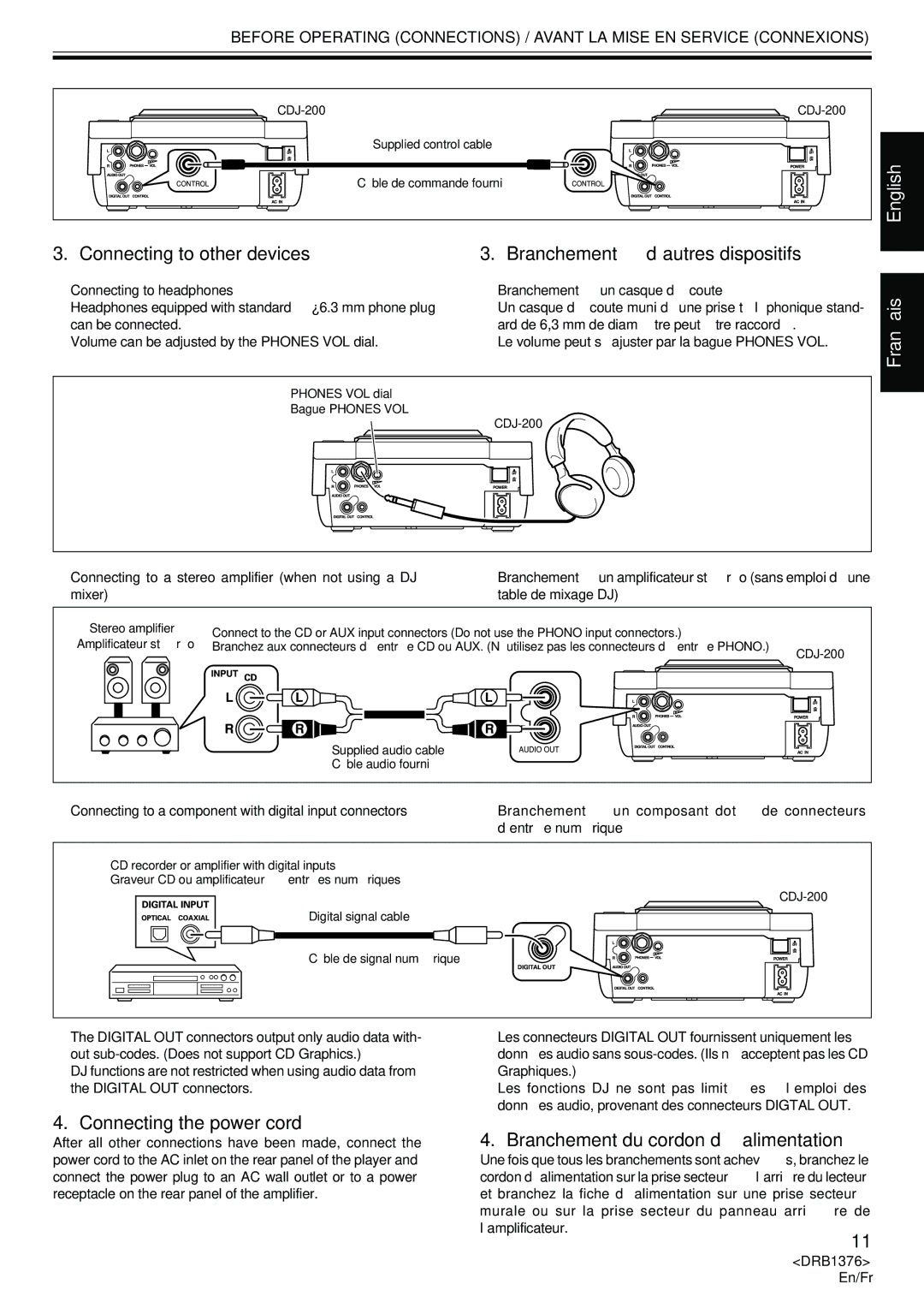 Pioneer CDJ-200 manual Connecting the power cord, Branchement du cordon d’alimentation, Mixer Table de mixage DJ 