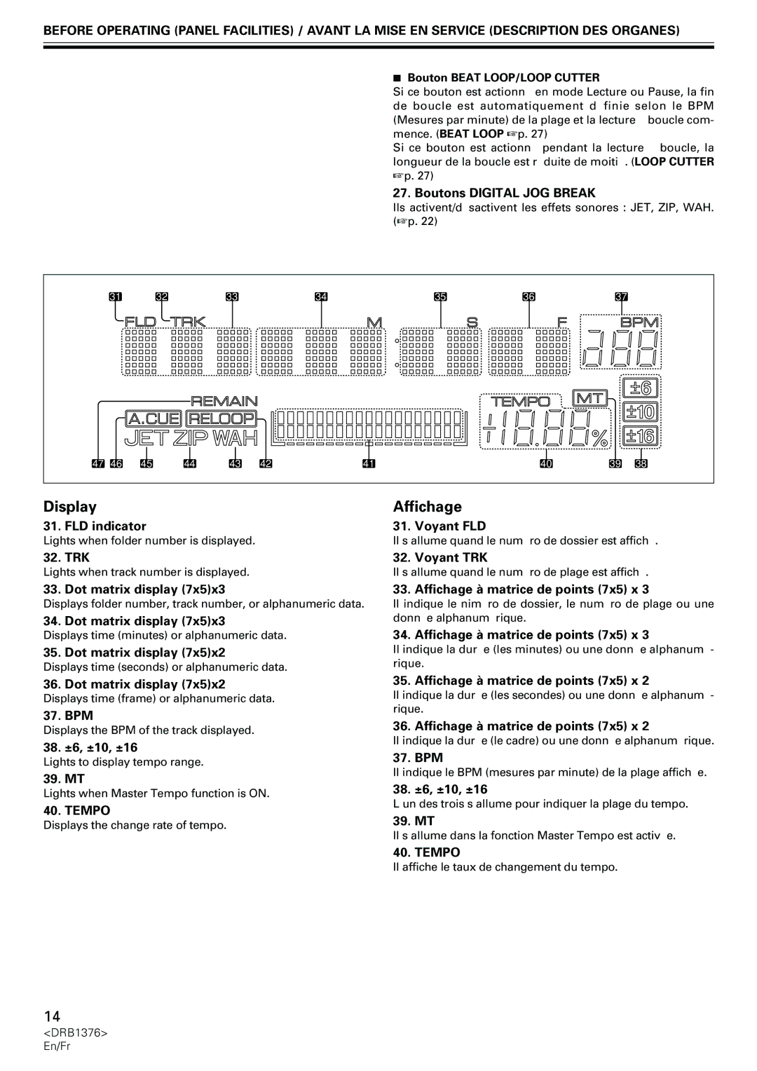 Pioneer CDJ-200 manual Display Affichage, Trk, Tempo 