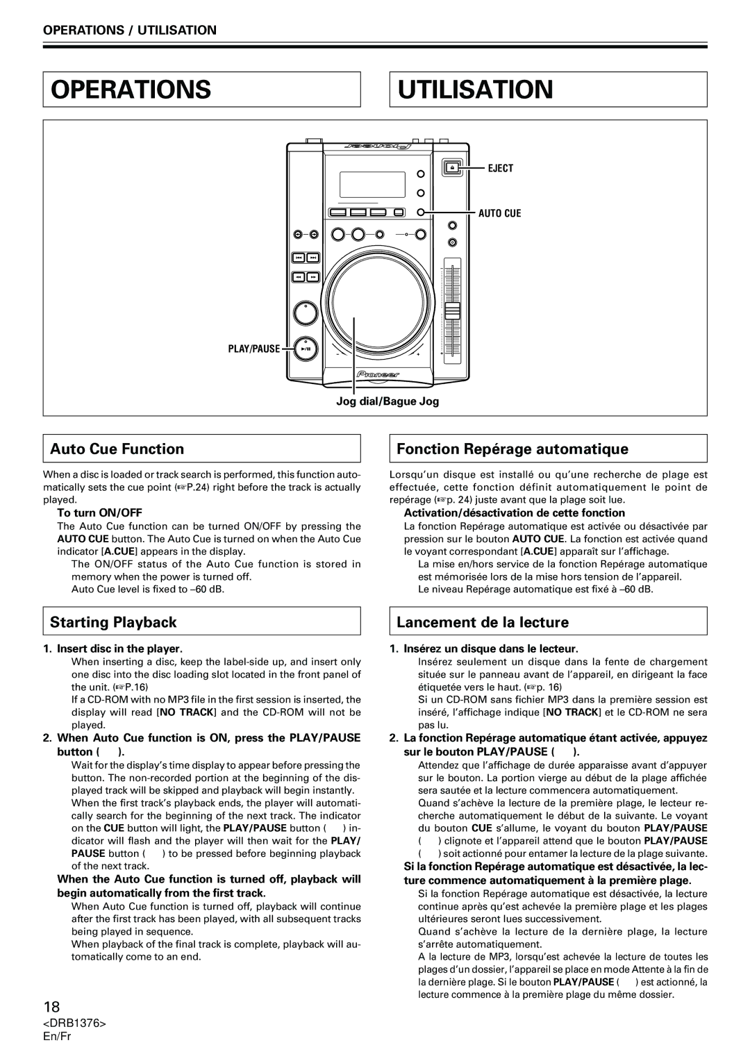 Pioneer CDJ-200 manual Operations Utilisation, Auto Cue Function Fonction Repérage automatique, Starting Playback 