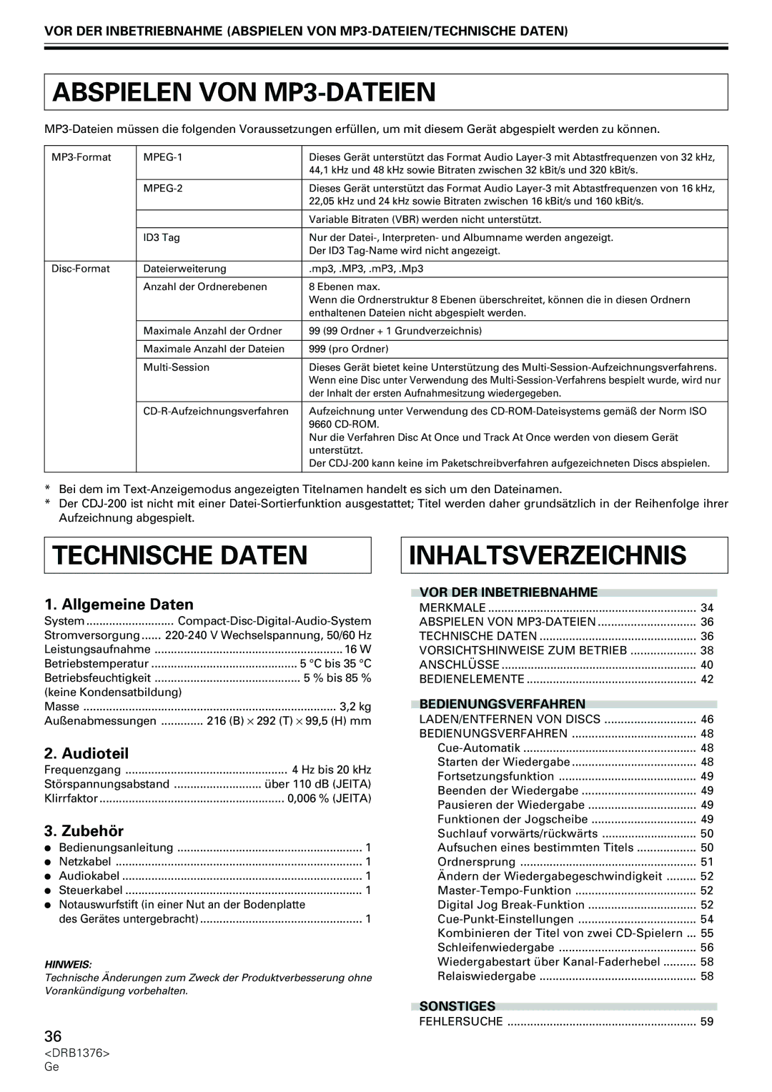 Pioneer CDJ-200 manual Abspielen VON MP3-DATEIEN, Technische Daten, Allgemeine Daten, Audioteil, Zubehör 