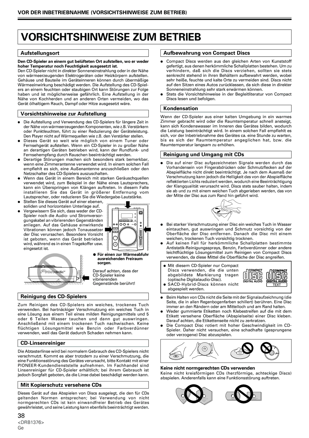 Pioneer CDJ-200 manual VOR DER Inbetriebnahme Vorsichtshinweise ZUM Betrieb 