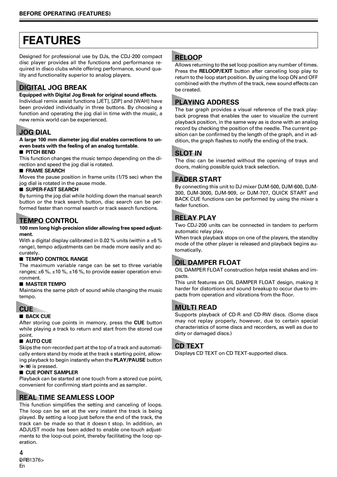 Pioneer CDJ-200 manual Before Operating Features, Equipped with Digital Jog Break for original sound effects 