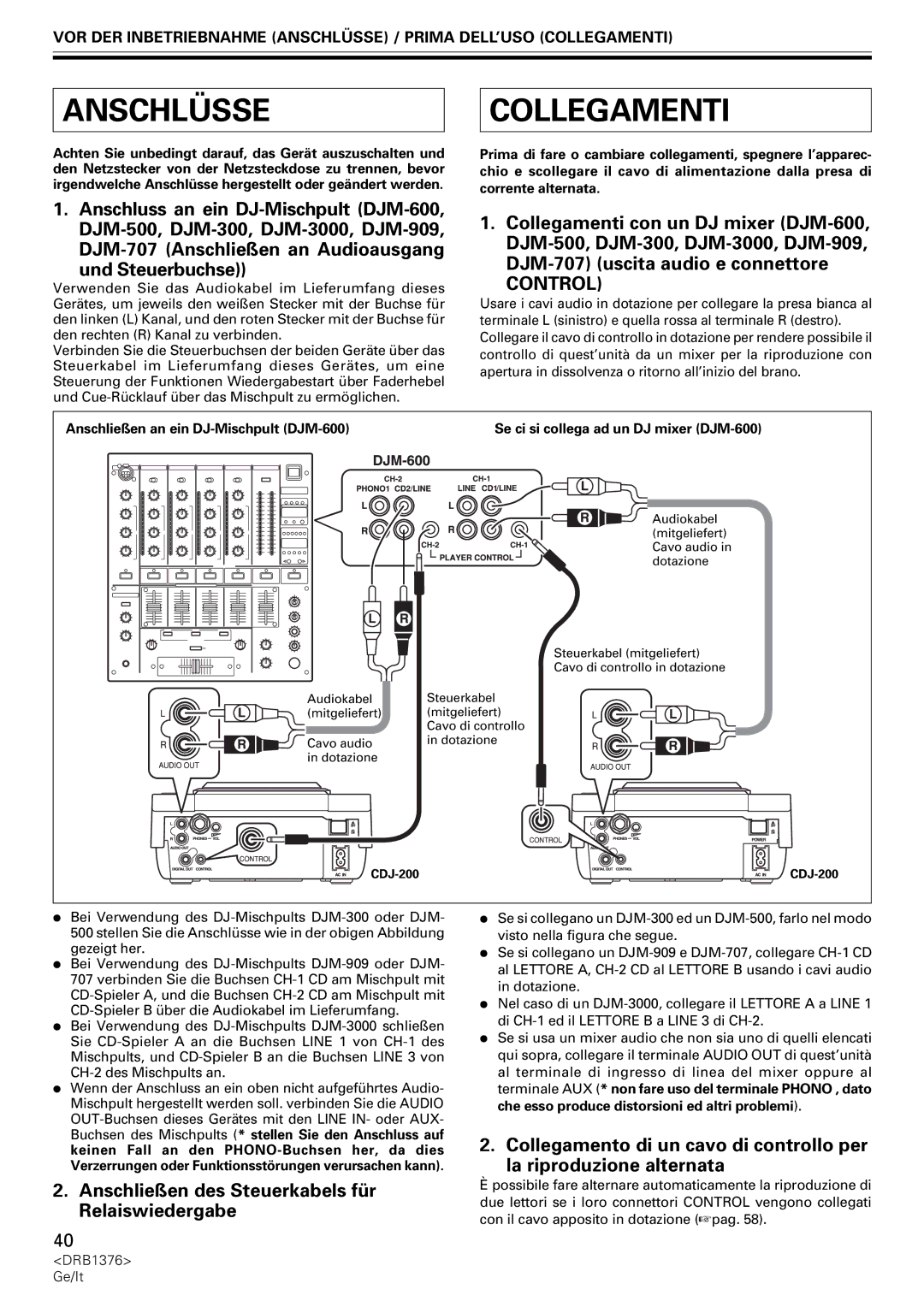 Pioneer CDJ-200 manual Anschlüsse, Collegamenti, Anschließen des Steuerkabels für Relaiswiedergabe 