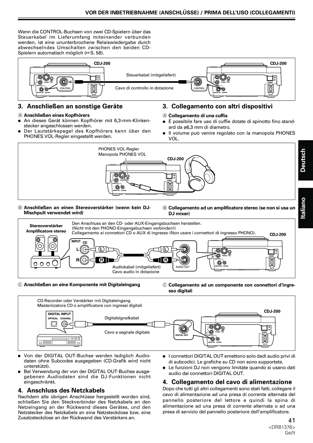 Pioneer CDJ-200 manual Anschluss des Netzkabels, Collegamento del cavo di alimentazione, Mischpult verwendet wird DJ mixer 