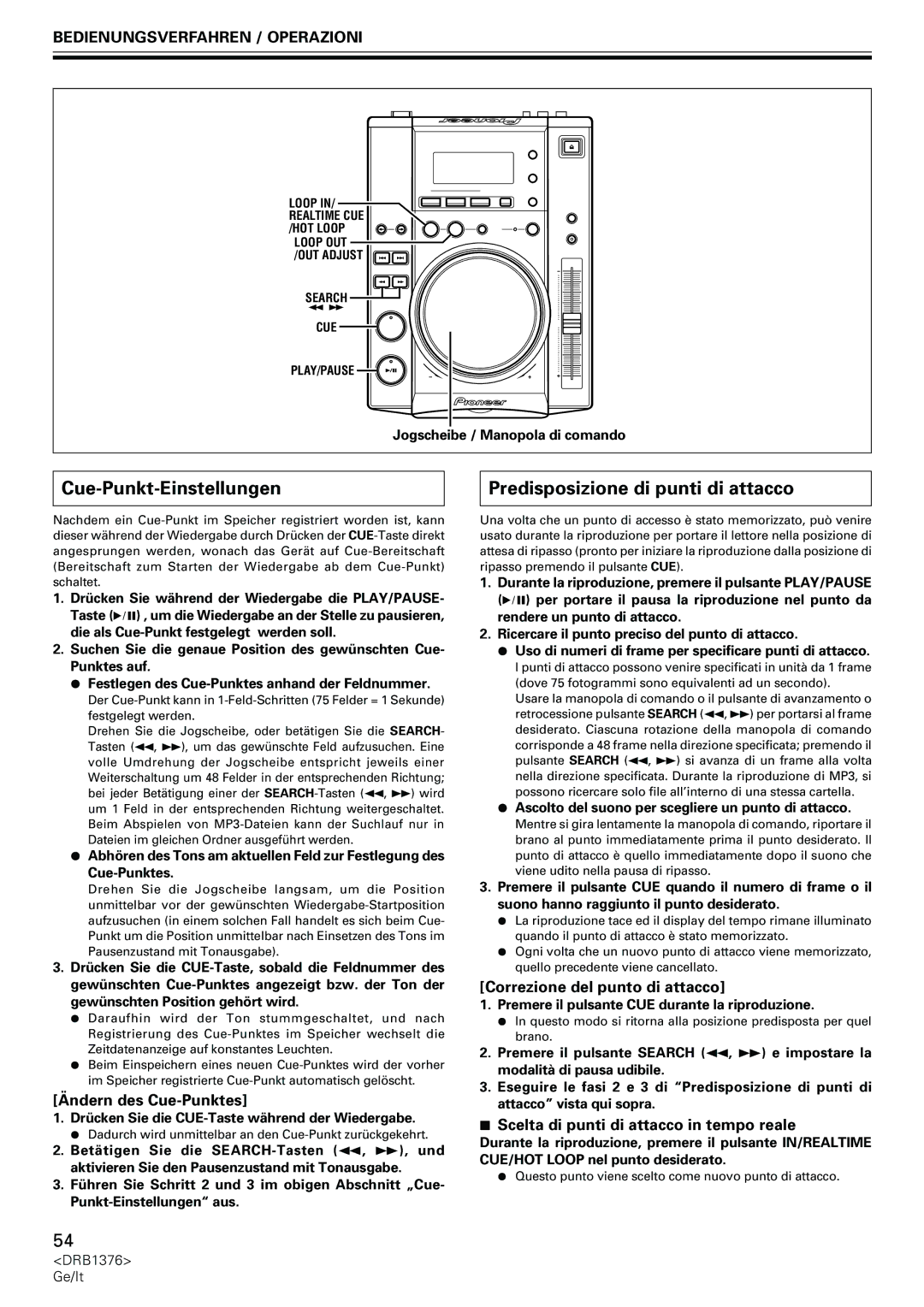 Pioneer CDJ-200 manual Cue-Punkt-Einstellungen Predisposizione di punti di attacco, Ändern des Cue-Punktes 