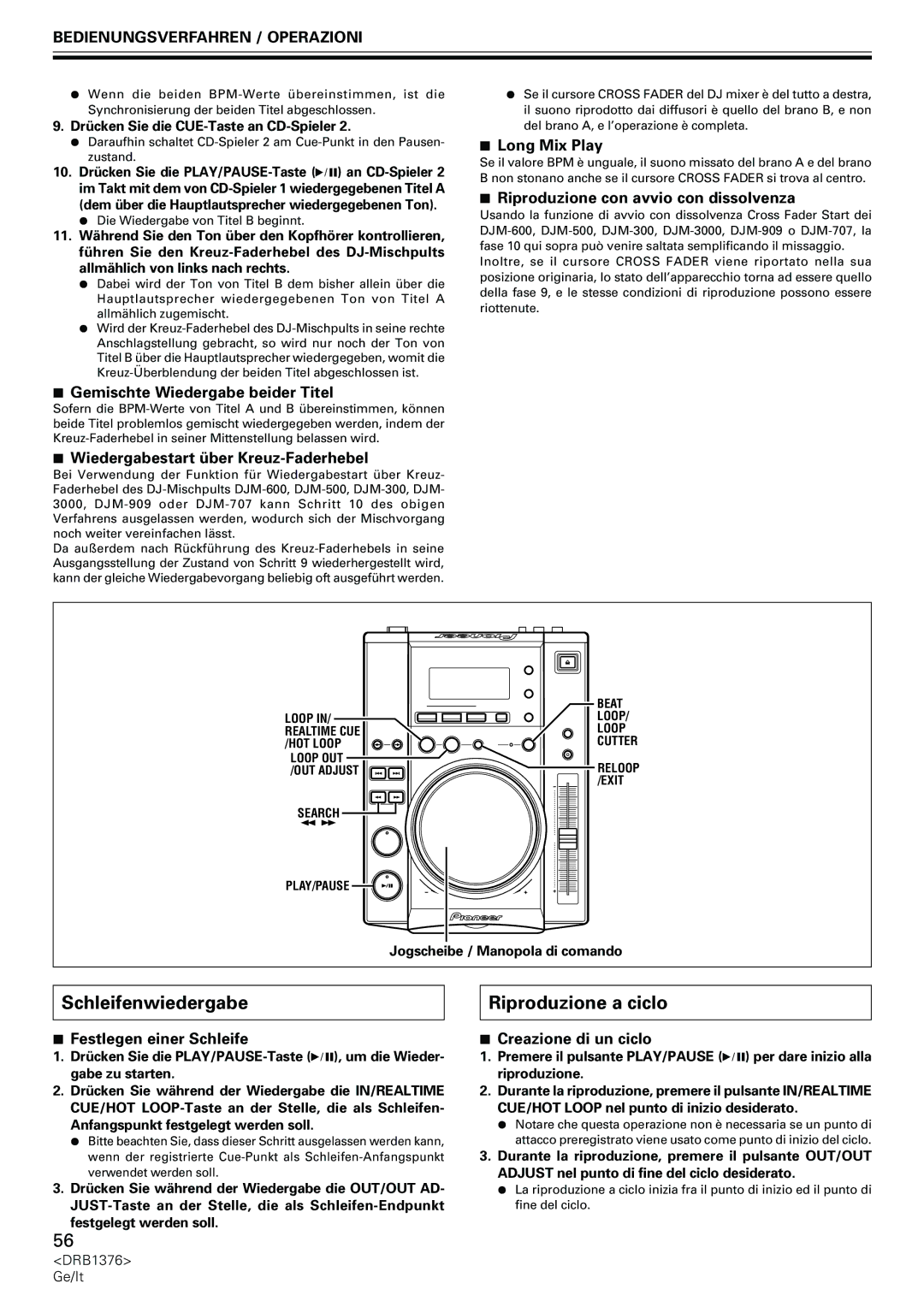 Pioneer CDJ-200 manual Schleifenwiedergabe, Riproduzione a ciclo 