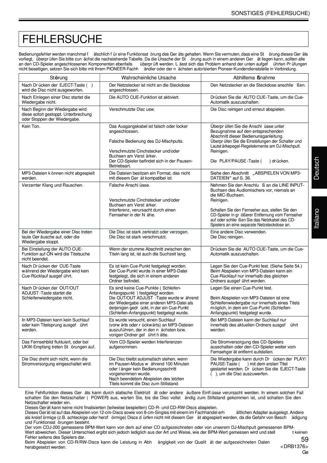 Pioneer CDJ-200 manual Sonstiges Fehlersuche, Störung Wahrscheinliche Ursache Abhilfemaßnahme 