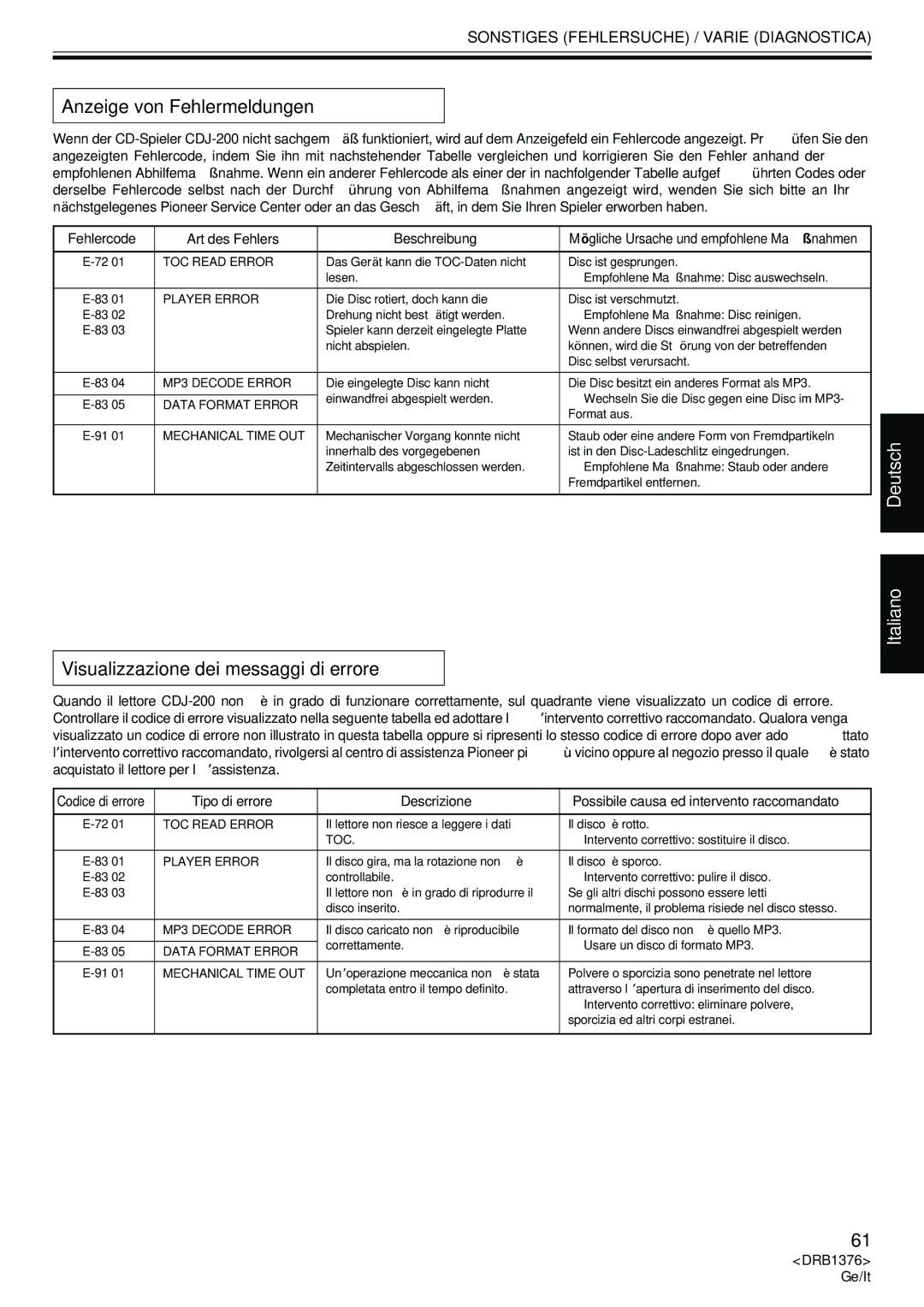 Pioneer CDJ-200 manual Anzeige von Fehlermeldungen, Visualizzazione dei messaggi di errore 