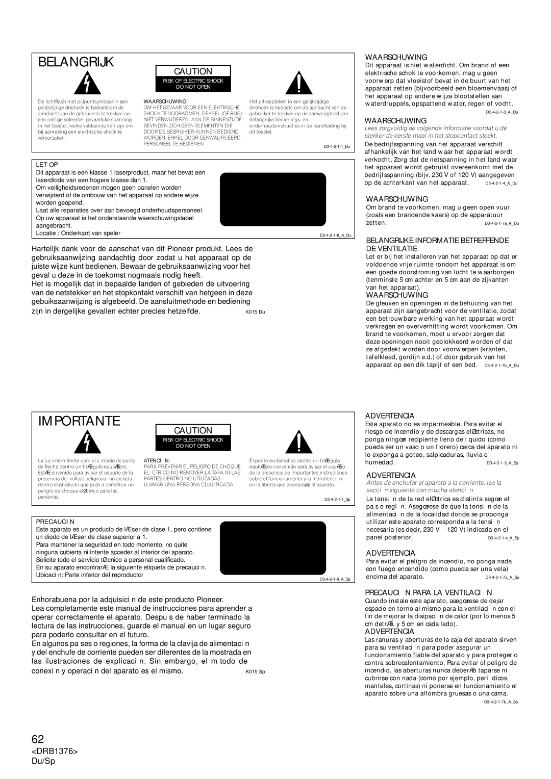 Pioneer CDJ-200 manual Belangrijk 