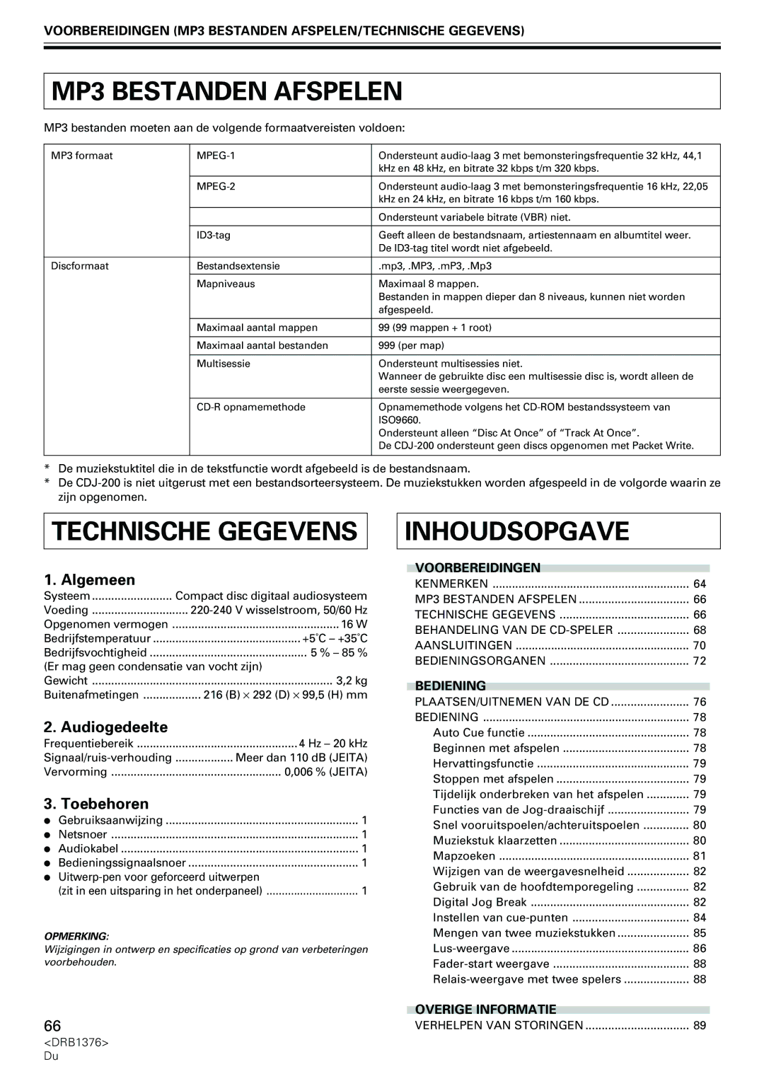 Pioneer CDJ-200 manual MP3 Bestanden Afspelen, Technische Gegevens, Algemeen, Audiogedeelte, Toebehoren 