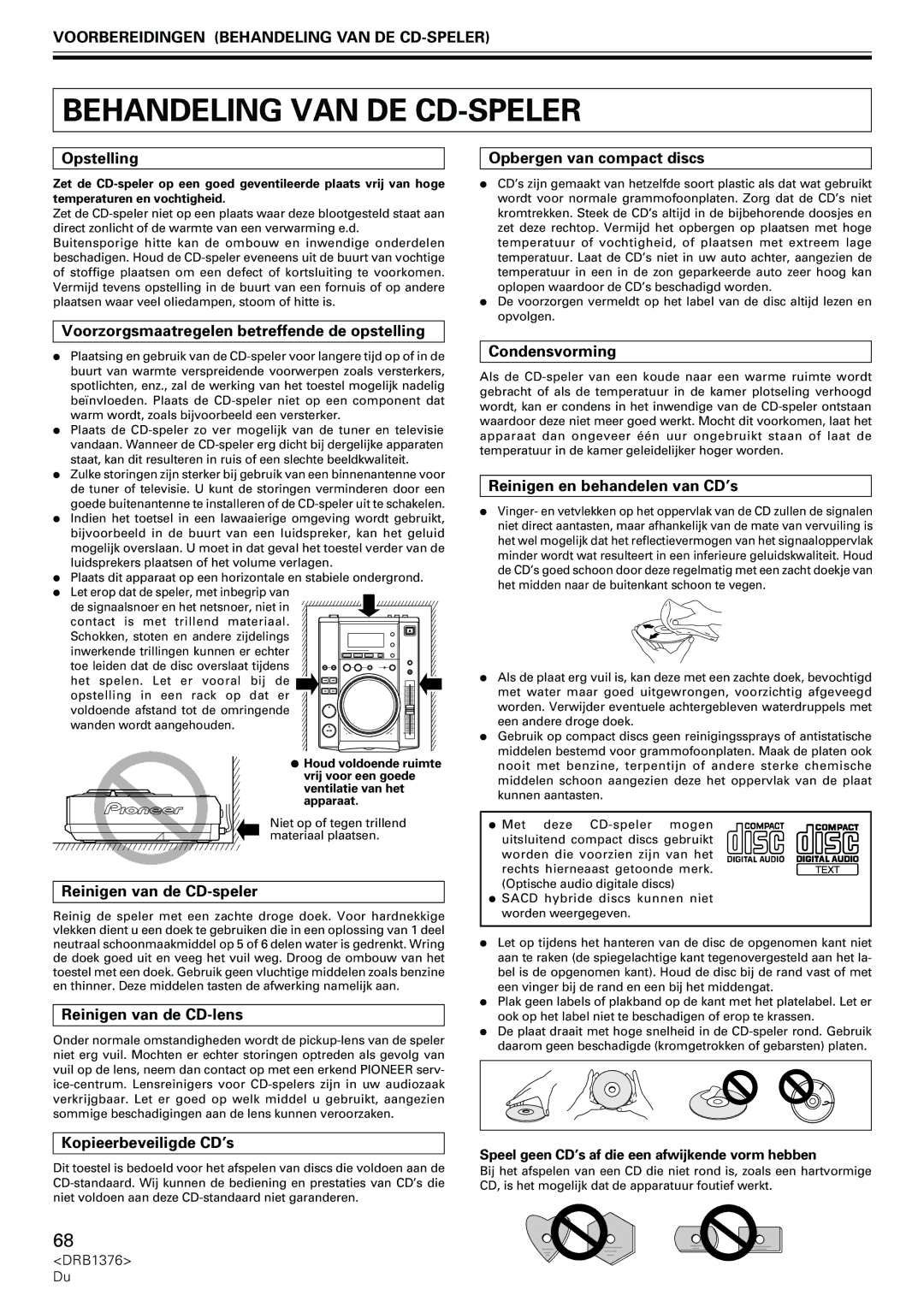 Pioneer CDJ-200 manual Voorbereidingen Behandeling VAN DE CD-SPELER 