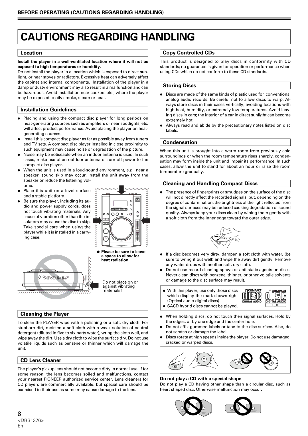 Pioneer CDJ-200 manual Before Operating Cautions Regarding Handling 