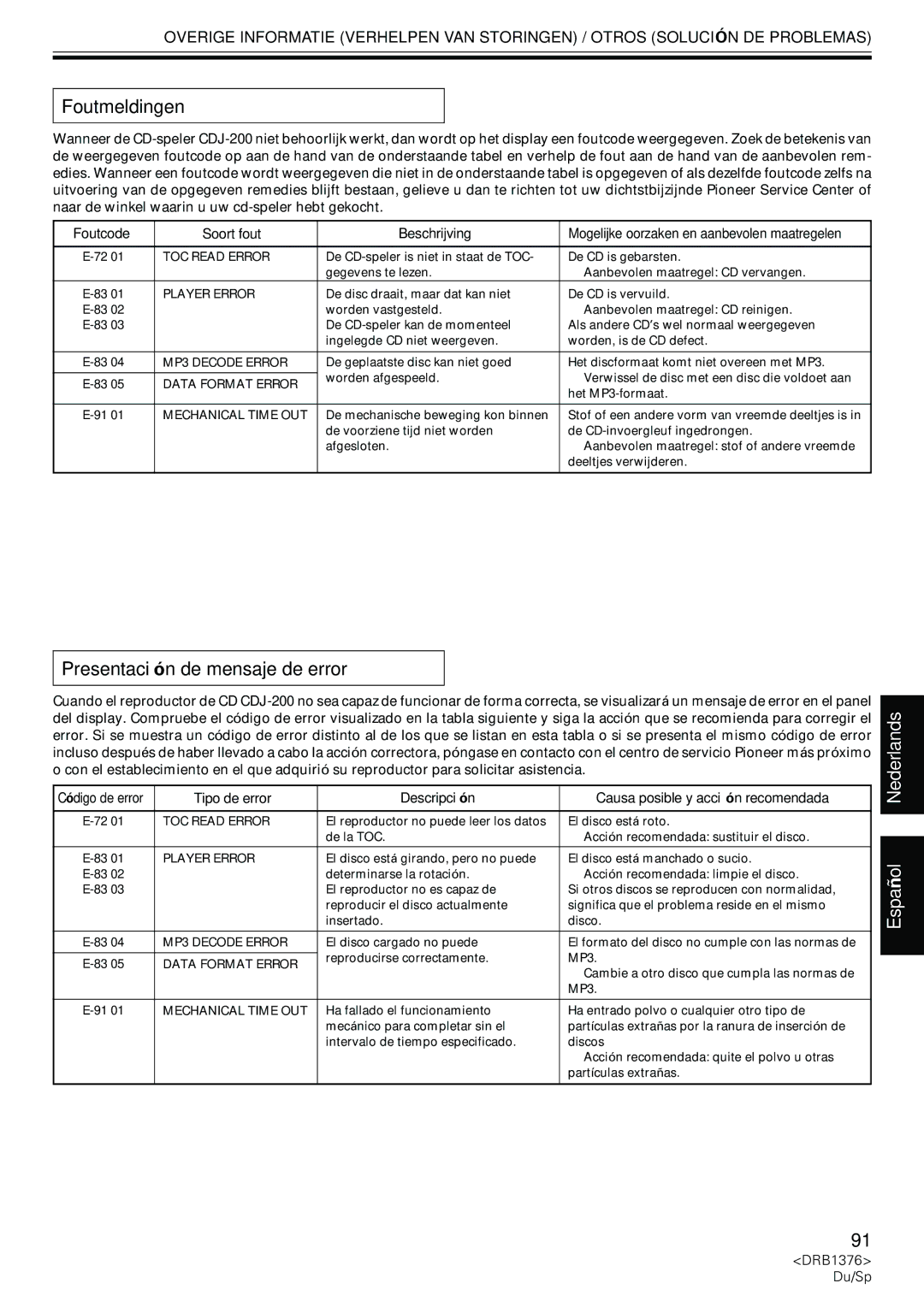 Pioneer CDJ-200 manual Foutmeldingen, Presentación de mensaje de error, Foutcode Soort fout Beschrijving 