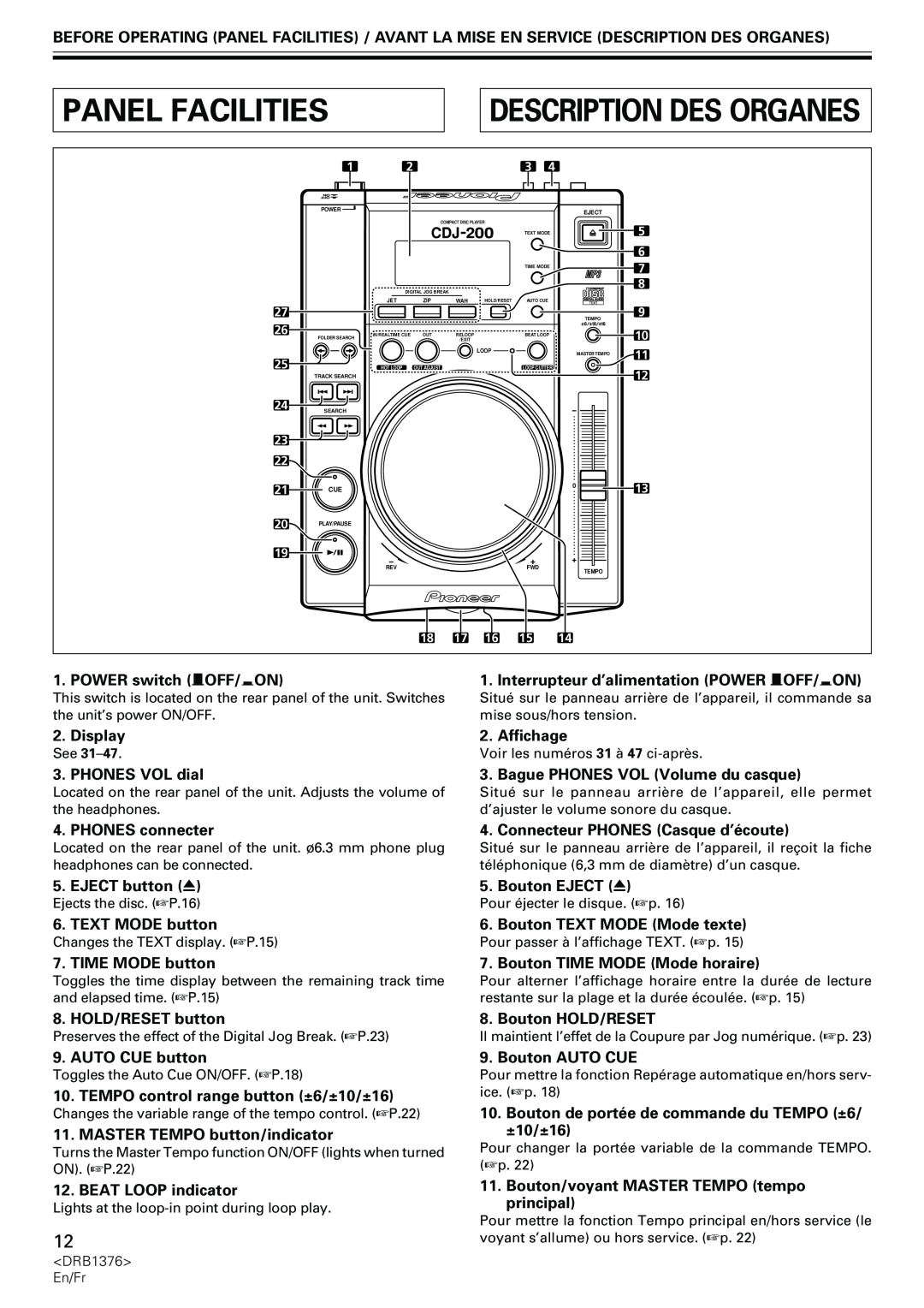 Pioneer CDJ-200 Panel Facilities, Description Des Organes, POWER switch —OFF/_ON, Display, Affichage, PHONES VOL dial 