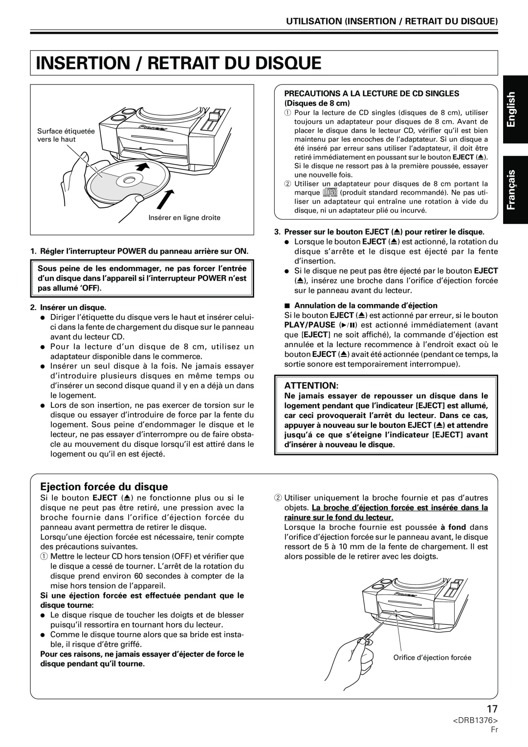 Pioneer CDJ-200 manual Ejection forcée du disque, Utilisation Insertion / Retrait Du Disque, English Français 