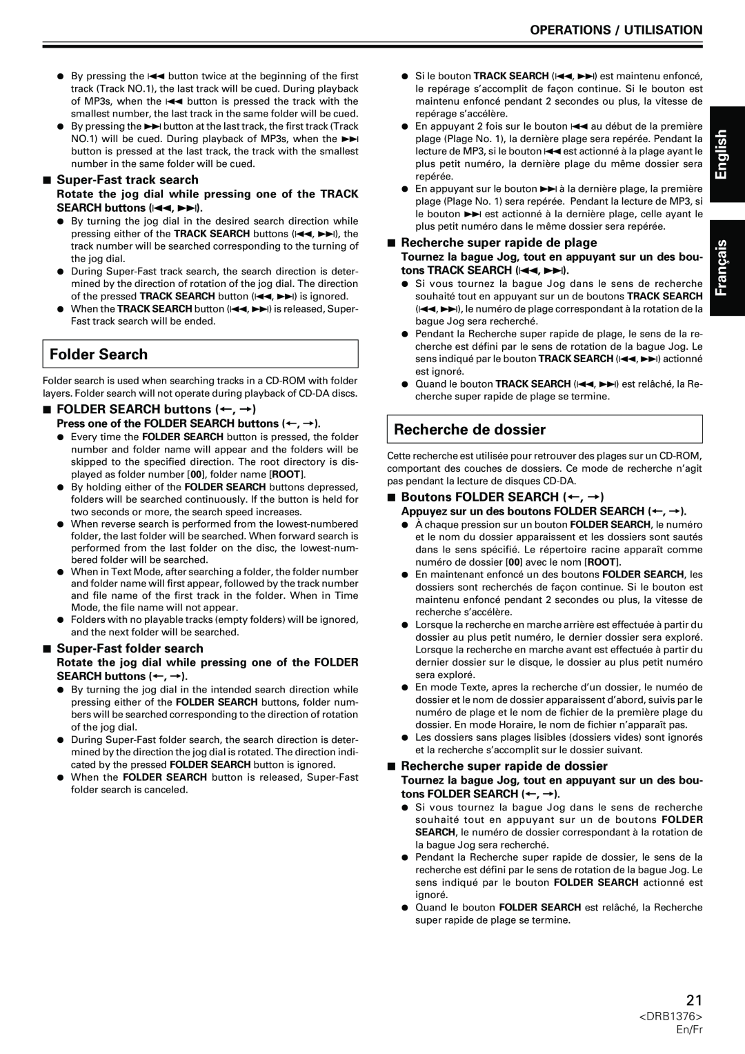 Pioneer CDJ-200 manual Folder Search, Recherche de dossier, 7Super-Fasttrack search, 7FOLDER SEARCH buttons +, =, English 