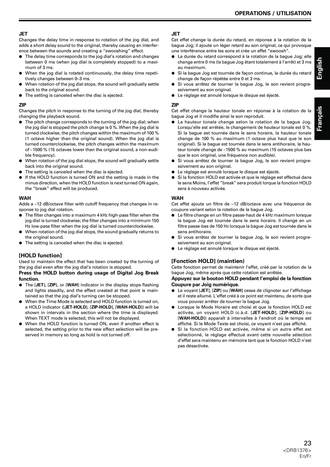 Pioneer CDJ-200 manual HOLD function, Fonction HOLD maintien, English, Français, Operations / Utilisation 