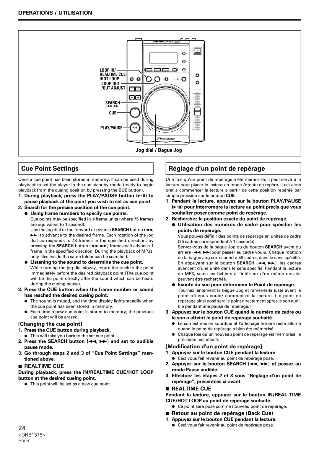 Pioneer CDJ-200 manual Cue Point Settings, Réglage d’un point de repérage, Changing the cue point, 7REALTIME CUE 